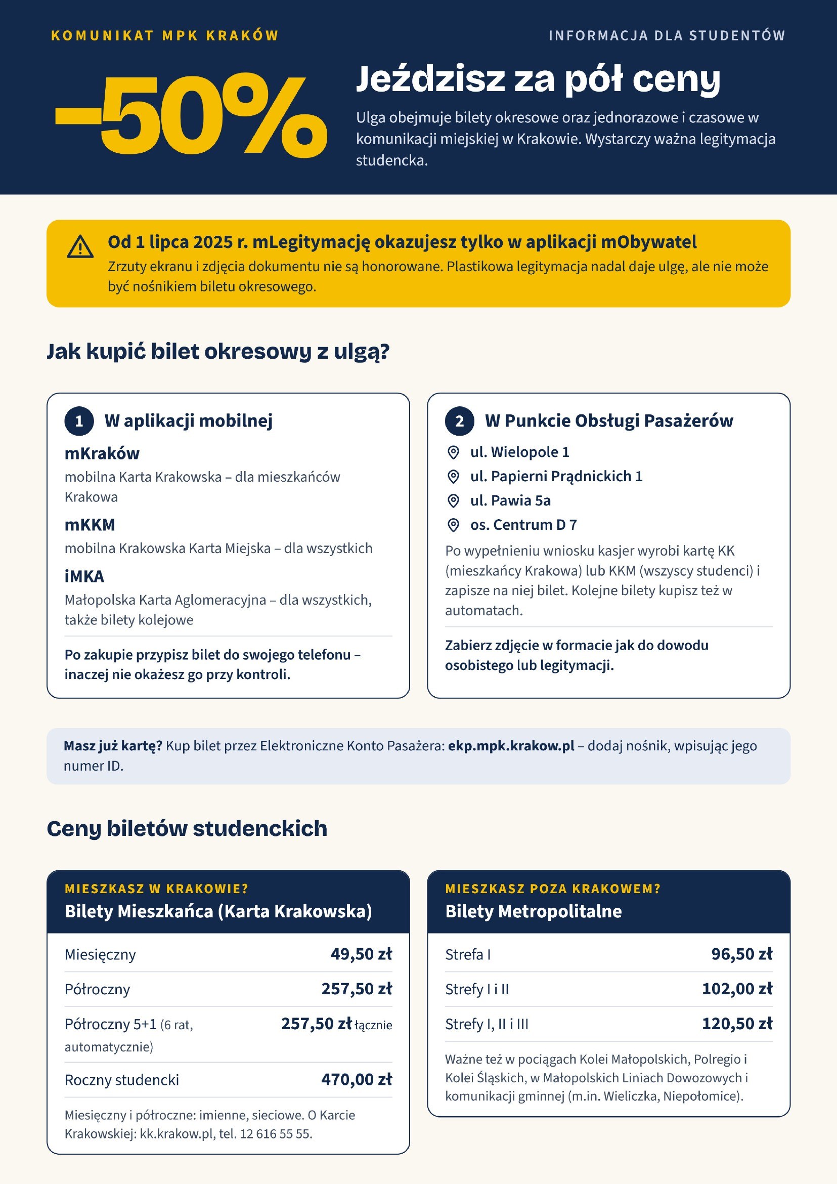 Komunikat MPK Kraków: studenci jeżdżą za pół ceny – jak kupić bilet okresowy z ulgą i ceny biletów studenckich